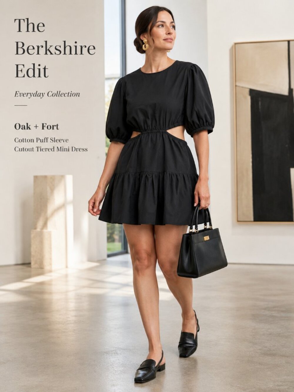 OAK + FORT Black Cotton Puff Sleeve Cutout Tiered Mini Dress L